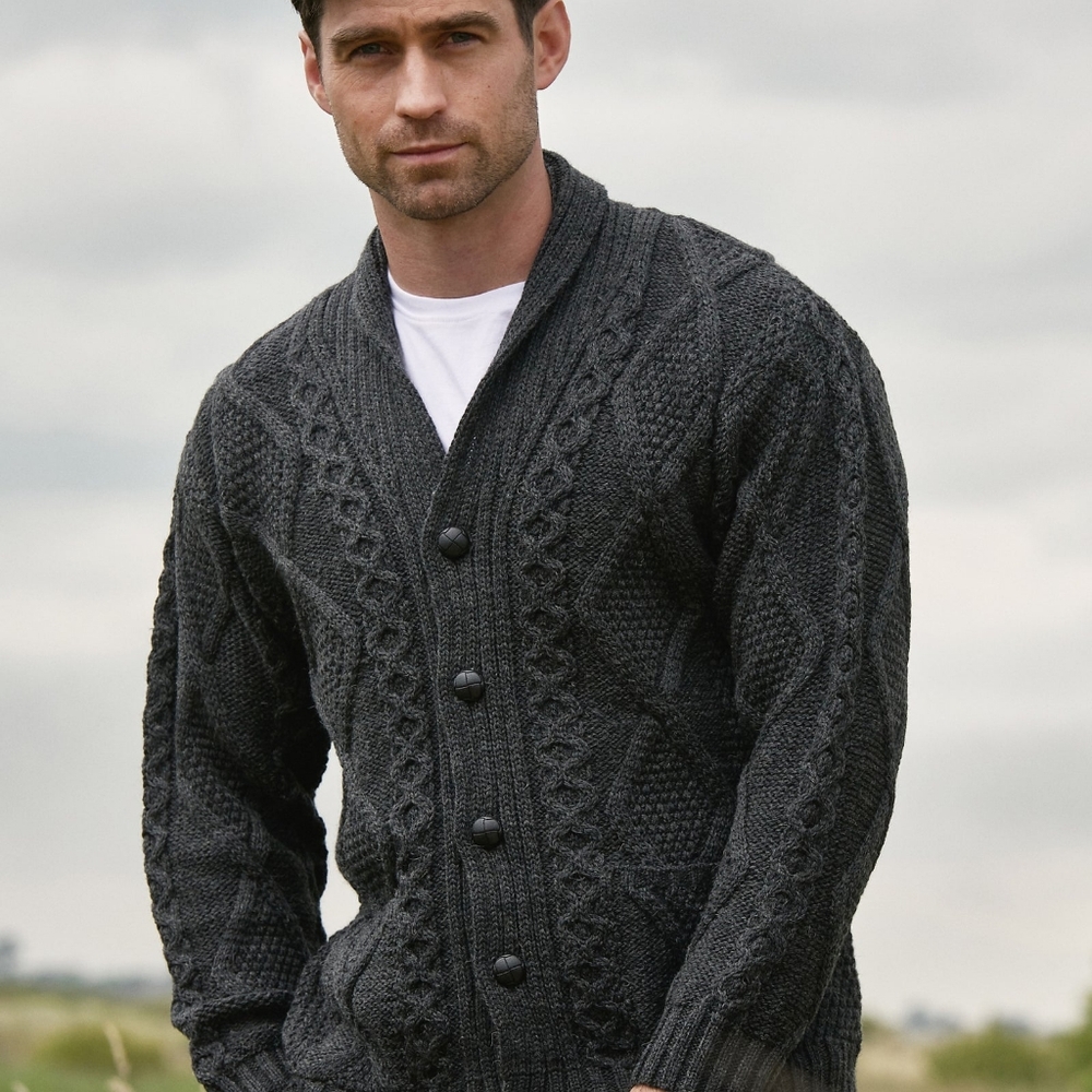 Aran Crafts Button Cardigan - Knitted Sweater with 100% Irish Merino Wool - XL
